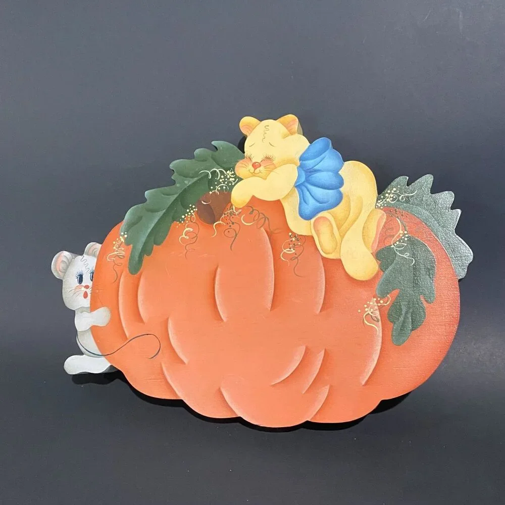 vintage Americana hand painted wooden cookie jar lids/decor Fall Pumpkin cute 9x